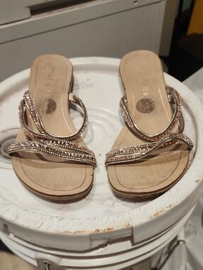 Women's Rhinestone Strappy Slide Sandals - Rose Gold